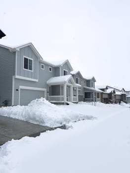 The scene depicts a suburban tranquility with homes lining a street blanketed in snow, punctuated by a cleared path that weaves through the winter wonderland. The overcast sky promises more snow, creating a hushed atmosphere over the neighborhood.