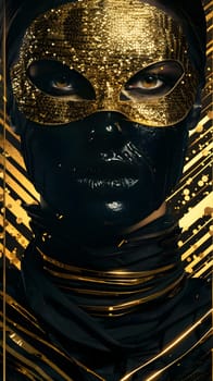 A woman is depicted in a sculpture wearing a gold mask and a black scarf around her neck, creating a mysterious and captivating image