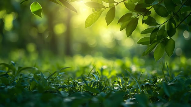 A serene dawn breaks as warm sunlight filters through the vibrant green leaves of a lush garden, heralding a new day - springtime background - Generative AI