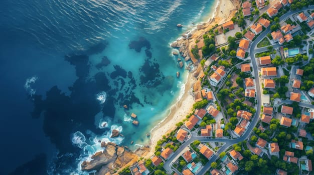 an aerial perspective of a picturesque coastal town with terracotta rooftops adjacent to a serene beach and azure waters as the sun sets - Generative AI