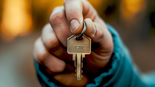 A close-up view of a persons hand presenting a key against a blurred background, suggesting the transfer or receipt of property ownership - Generative AI