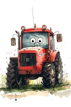 A cartoon tractor with big eyes is cruising down a dusty road. Its large tires are covered in dirt, while the fender protects the vehicles body