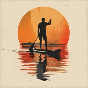 A man is paddle boarding on the tranquil lake at sunset, creating a picturesque scene blending art and nature in shades of orange and pink