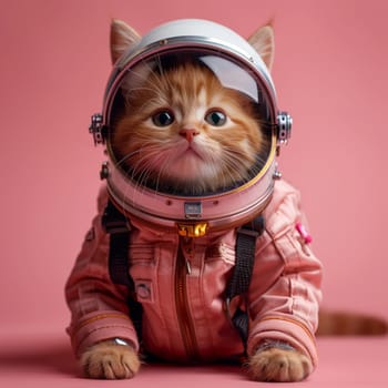 A Felidae wearing outerwear a space suit with a helmet. Its eye is visible through the helmets visor, and a smile can be seen on its carnivore face