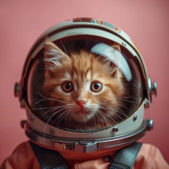 A small Felidae wearing an astronaut helmet on a pink background, showcasing its whiskers and bright eyes under the protective headgear