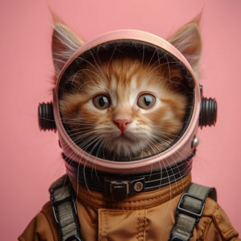 A Felidae with whiskers, wearing a space suit and helmet, is depicted on a pink background. The small to mediumsized cat has fur and a snout visible in the packaging and labeling box