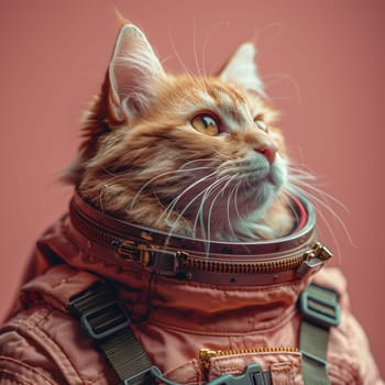 A Felidae, a small to mediumsized cat, is wearing a space suit, its whiskers and fur peeking out from the sleeve. The domestic shorthaired cat looks up curiously with its carnivore eyes
