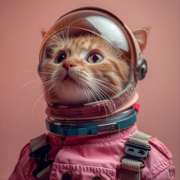 A Felidae carnivore, the cat is dressed in a pink space suit and helmet, exhibiting its whiskers and fur. This small to mediumsized feline looks adorable in its space attire