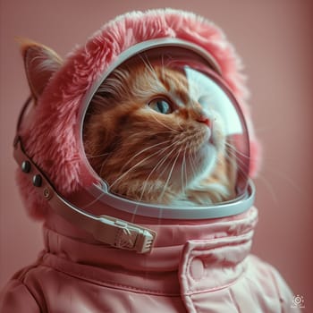 A Felidae wearing a pink space suit and helmet, with its hair peeking out of the helmet. The cats small body fits snugly in the suit, ready for space exploration