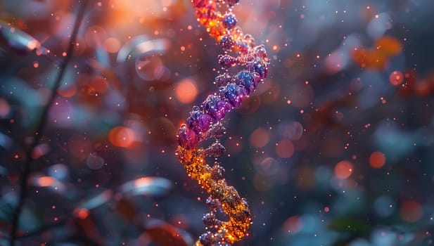 A macro photograph of a colorful DNA strand resembling a magenta flower against a blurry background, symbolizing the connection between science and nature