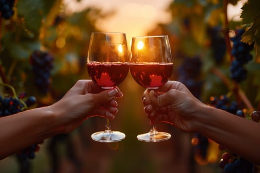 Two individuals are raising wine glasses in a vineyard, making a celebratory gesture. The elegant stemware contains an alcoholic beverage, possibly wine or champagne