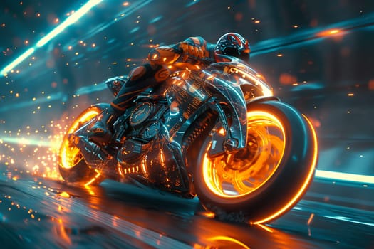 A fictional character is riding a futuristic motorcycle with glowing electric blue wheels through the darkness. The scene resembles a graphic from a science fiction action film