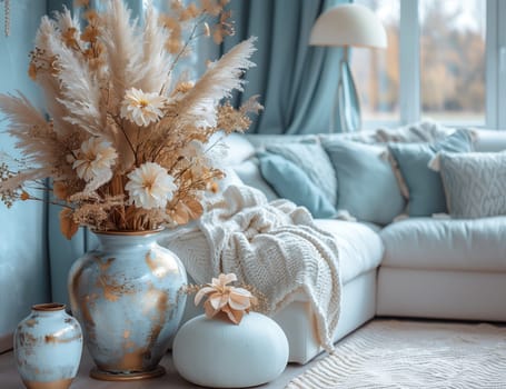 An inviting living room featuring a cozy couch, elegant vases with pampas grass, and a touch of azure in the interior design