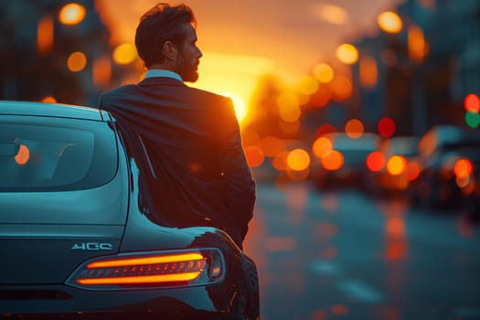 A man in a suit sits in the back of a vehicle, gazing at the sunset. The cars brake lights illuminate the trunk, while the sky changes colors in the background