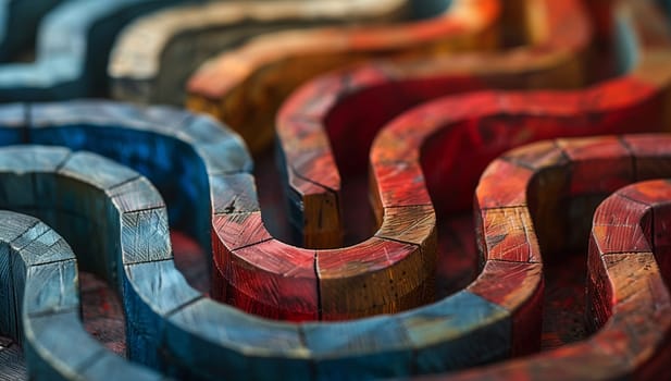 A close up of a vibrant wooden maze featuring an intricate pattern in electric blue and magenta hues, showcasing the intersection of art and visual arts