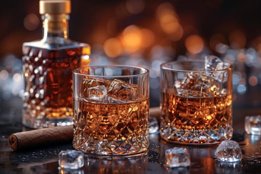 Three drinkware glasses filled with amber liquid and ice, accompanied by a glass bottle of whiskey, all placed on a table