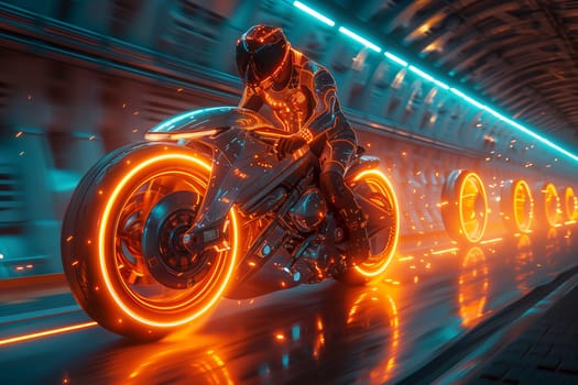 A person is riding a neon motorcycle with electric blue automotive lighting in a tunnel, showcasing the art of automotive tires and wheels at an event