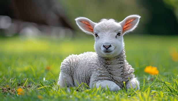 A young lamb is peacefully resting in the lush grass of a meadow, gazing curiously at the camera with its adorable snout in a beautiful natural landscape