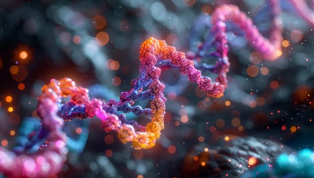 An artistic representation of a DNA strand with vibrant colors resembling a tree. The image blends magenta and electric blue hues, creating a stunning visual event in the realm of science