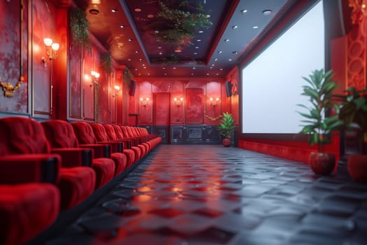 An entertainment venue with a spacious room, magenta seats, electric blue flooring, and a ceiling mounted fixture, hosting events in the form of movies on a large screen