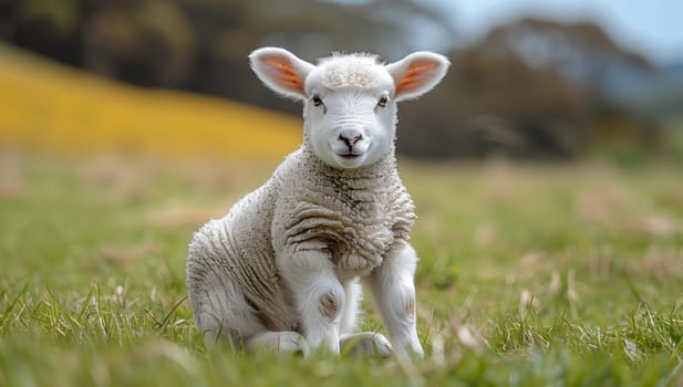 A terrestrial animal, a baby sheep, is sitting in the grassland, its ear perked up and eye fixated on the camera in the natural landscape