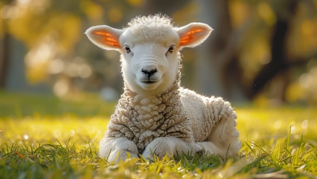 A young sheep is resting in the grass, gazing at the camera with its innocent eyes. The fawncolored terrestrial animal is peacefully in the meadow