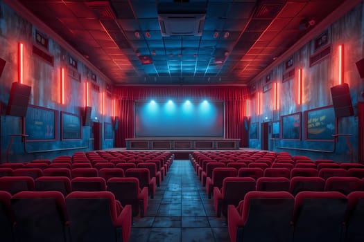 An empty movie theater with magenta chairs, an electric blue stage, and symmetrical red fixtures. The room is filled with darkness, waiting for an entertainment event to begin