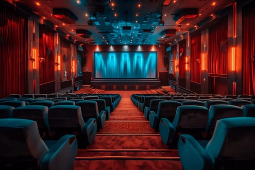 An empty performing arts center with electric blue chairs and a massive screen in a dark room, creating a symmetrical and captivating entertainment space