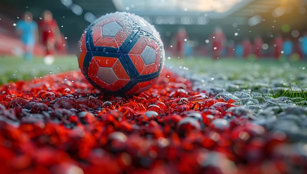 A closeup of a Soccer ball on a grassy soccer field, surrounded by liquid and natural foods, essential sports equipment for the ball game