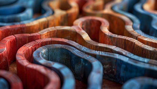 A closeup of a wooden maze created with wooden sticks resembles organisms intertwining. The intricate pattern against a backdrop of electric blue and carmine colors is a masterpiece of visual arts