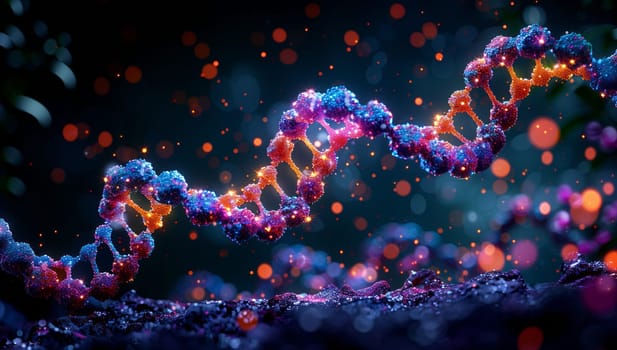An artistic representation of a colorful DNA strand under water, with electric blue and magenta colors on a dark background. This scienceinspired art piece captures the beauty of marine biology