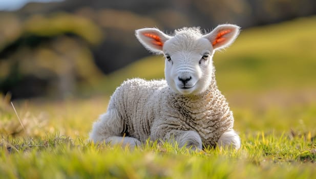 A terrestrial animal, the baby sheep, is resting in the grass and gazing at the camera in the natural landscape of a grassland