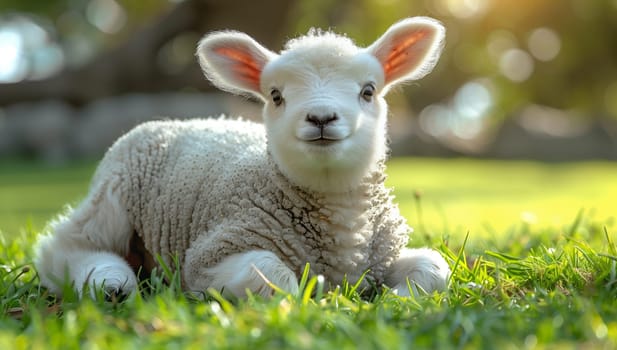 A young sheep is resting on the grass and gazing at the camera in its natural environment. The green grassland serves as the ideal groundcover for this terrestrial animal