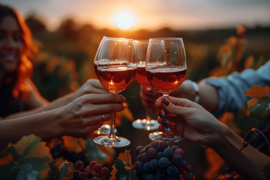 A group of people are raising wine glasses in a vineyard at sunset, the sky painted in warm hues. The drinkware sparkles in the evening light as they toast with alcoholic beverages