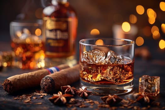 A glass of bourbon whiskey with ice cubes sits on a table next to two cigars, creating a sophisticated and luxurious atmosphere