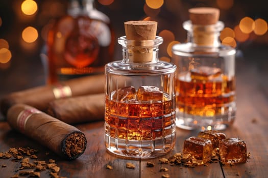 Three bottles of Disaronno, two cigars, and ice cubes displayed on a wooden table for a luxurious evening of enjoying alcoholic beverages and smoking