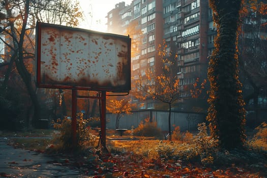 A rusty billboard stands in front of a building in the middle of a park. Surrounding it are trees, plants, twigs, grass, and a natural landscape with a wooden trunk