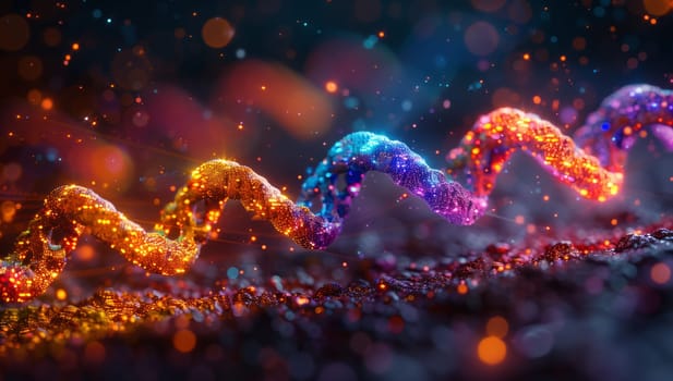 An electric blue and magenta computergenerated image of a colorful worm on a dark underwater landscape. The liquid atmosphere gives an eerie, yet mesmerizing feel to the scene