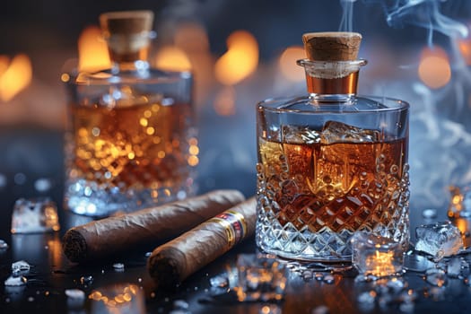 Two glasses of whiskey with ice and two cigars on a table, showcasing the elegant combination of a fine alcoholic beverage and a relaxing smoke