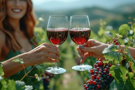 Two women are raising flowerdecorated wine glasses filled with alcoholic beverage in a vineyard. The lush green grass and plantfilled surroundings add to the elegant setting