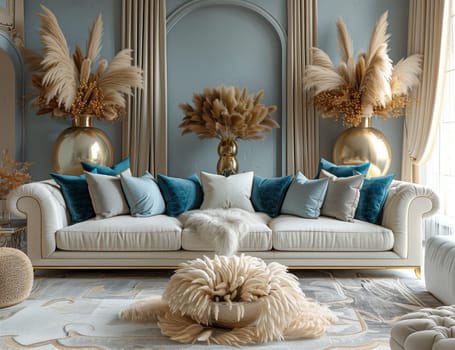 Furniture white couch with blue pillows and pampas grass in vases, creating a comfortable and stylish living room interior design
