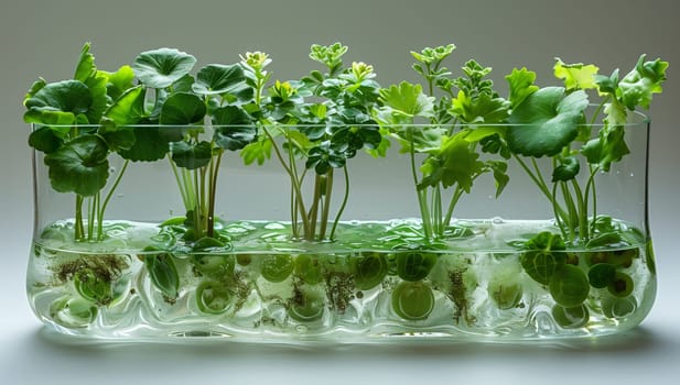 An artistic glass container with liquid and terrestrial plants, resembling a natural landscape with shrubs, groundcover, and grass growing inside