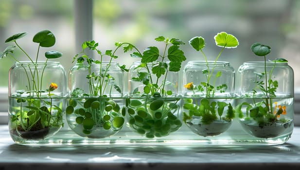 A row of glass jars filled with liquid and terrestrial plants like garden cress and houseplants, placed on a window sill to create a green and refreshing indoor garden display