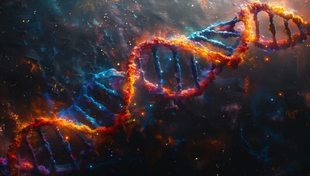 An electric blue computer generated image of a DNA strand floating in the darkness of space, surrounded by the gas and stars of a galaxy