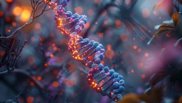 A computergenerated image of a DNA strand resembling a terrestrial plant in electric blue and magenta hues. An artful pattern inspired by nature, science, and macro photography