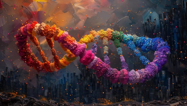A vibrant rainbowcolored DNA molecule surrounded by a diverse crowd of people at an art event. The magenta hues in the pattern resemble a fashionable accessory or unique piece of jewelry