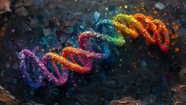 An electric blue DNA strand painted in rainbow colors on a dark background, resembling marine biology art. It showcases a blend of water and underwater elements, like coral reefs and trees