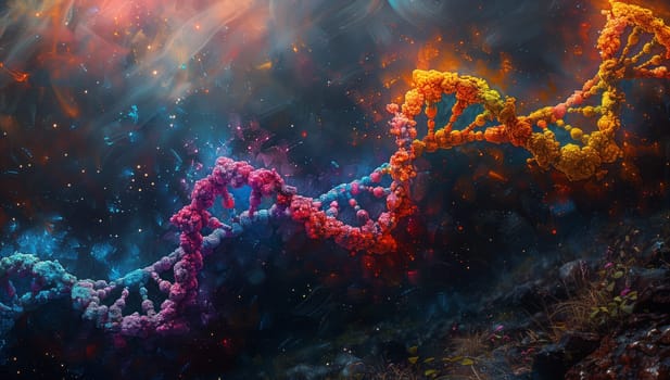 A computer generated image of a colorful DNA chain resembles underwater marine biology in an electric blue landscape, creating an artful event in the darkness