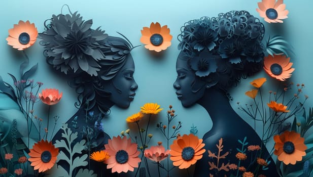Two happy women standing together in a field of orange flowers, surrounded by colorful petals. The scene is like a beautiful work of art in nature
