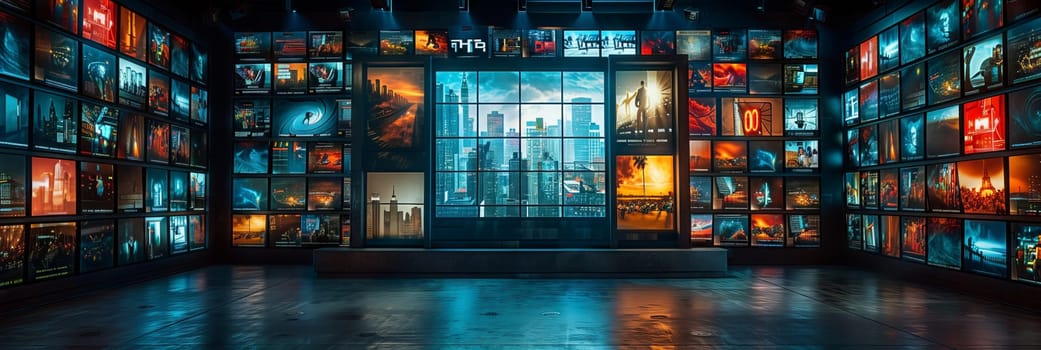 A building facade in the city with a dark theme, featuring a room filled with electric blue televisions and a large display screen. An entertainment event held in a tower block